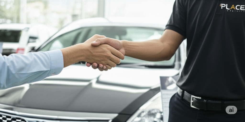 Successful automotive transaction handshake between dealer and customer representing trust and completed vehicle sales